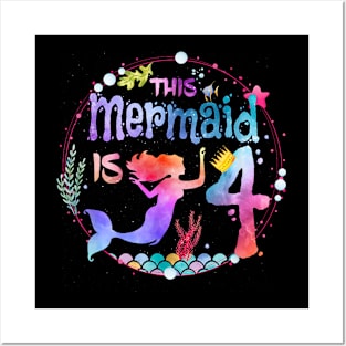 This Mermaid Is 4 Girls 4Th Birthday 4 Years Old Birthday Posters and Art